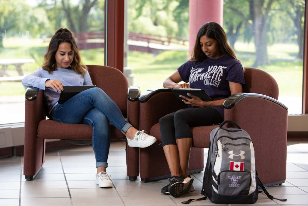 two students sitting and studying on campus at Northeast College of Health Sciences