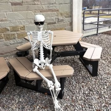 Skeleton sitting at a table outside of the administration building on the Seneca Falls Campus.
