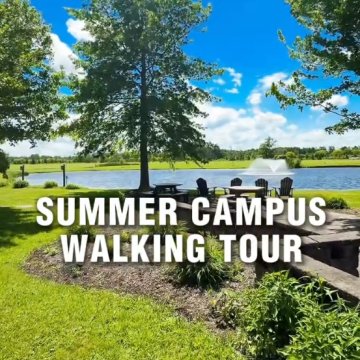 A scenic campus pond with a fountain, Adirondack chairs, and a picnic table under a tree on a sunny summer day, with text reading "Summer Campus Walking Tour."