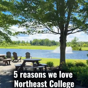 A peaceful campus pond view with Adirondack chairs and a picnic table under a shady tree, with text reading "5 reasons we love Northeast College."
