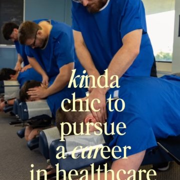 Chiropractic students in blue scrubs practicing adjustments on each other in a clinic lab, with text reading "kinda chic to pursue a career in healthcare."