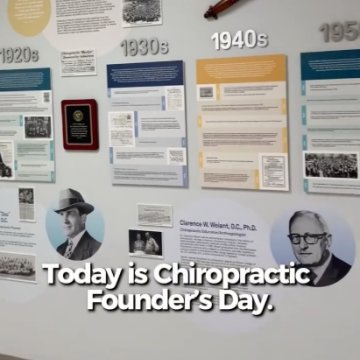 A campus history wall display spanning the 1920s through 1950s with text reading "Today is Chiropractic Founder's Day."