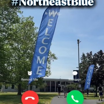 A campus welcome banner with a phone call overlay graphic and text reading "#NortheastBlue is calling… Decline or Accept."